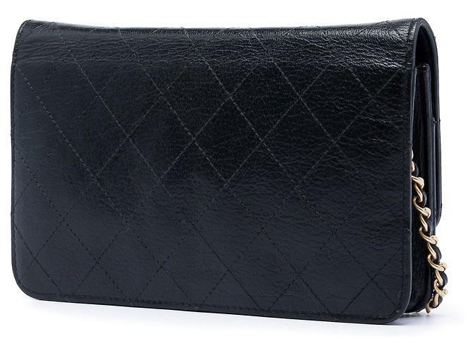 Wallet On Chain Bolsa transversal de corrente e carteira em pele de cabra acolchoada preta com CC dourado Chanel Preto - vista 2