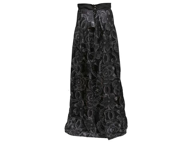 Gonna maxi in seta con stampa logo Chanel e camelia bianco e nero Taglia FR 38 - vista 3