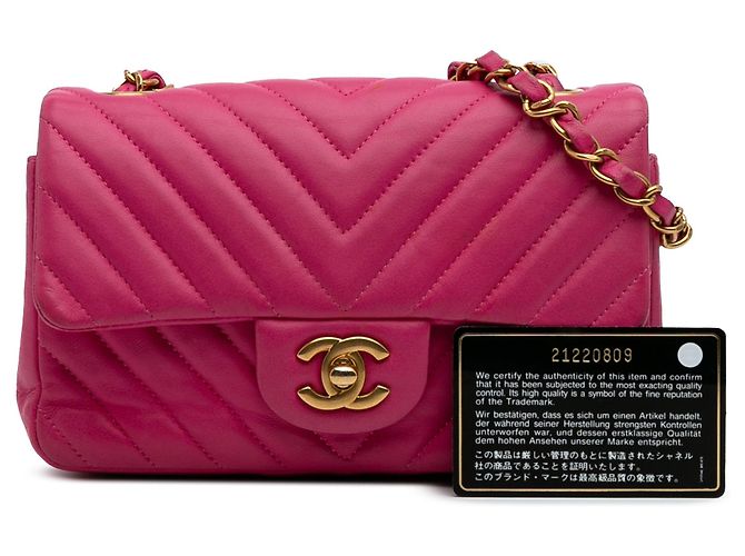 Mini borsa a tracolla Chanel Rectangular Classic Chevron in agnello rosa con patta singola - vista 12