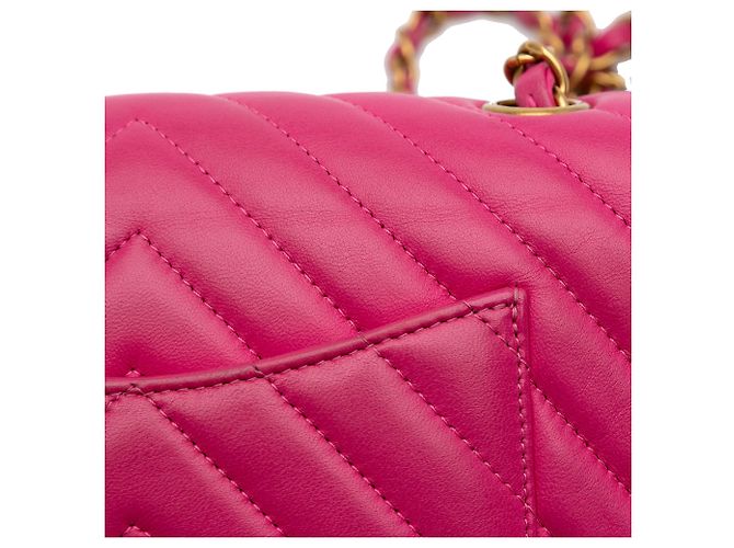 Mini borsa a tracolla Chanel Rectangular Classic Chevron in agnello rosa con patta singola - vista 8