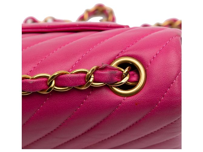 Mini borsa a tracolla Chanel Rectangular Classic Chevron in agnello rosa con patta singola - vista 9