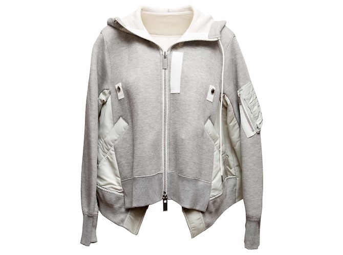 Giacca con cappuccio e zip in cotone e nylon grigio e bianco Sacai Taglia Designer 3 - vista 2