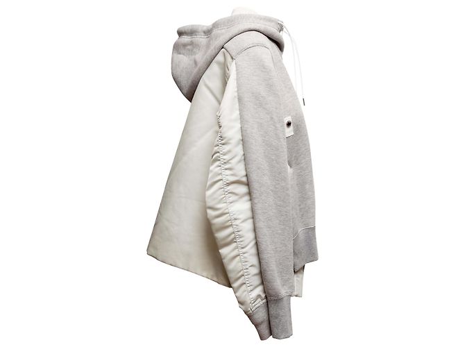 Giacca con cappuccio e zip in cotone e nylon grigio e bianco Sacai Taglia Designer 3 - vista 3