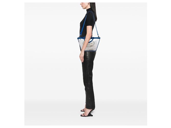 Borsa Tote e borsa Satchel in PVC Canapa blu Prada con logo - vista 5