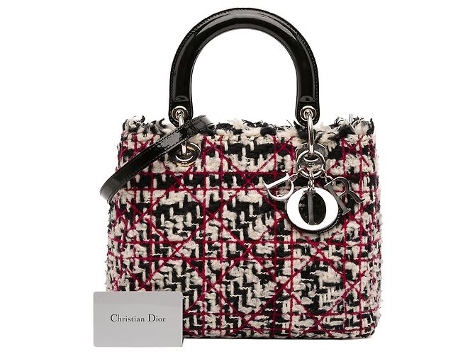 Borsa Lady Dior in tweed cannage con frange, misura Medium, nero e rosso - vista 12