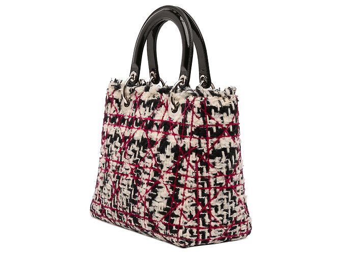 Borsa Lady Dior in tweed cannage con frange, misura Medium, nero e rosso - vista 2