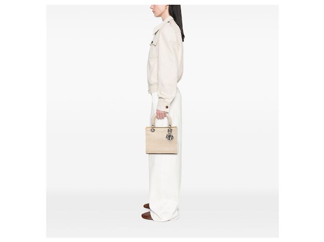 Borsa Lady Dior in tela beige misura Medium - vista 6