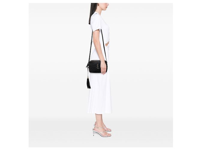 Borsa Lou in rafia intrecciata e pelle nera Saint Laurent Nero - vista 8