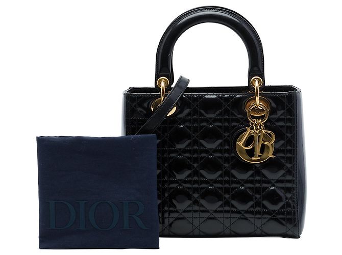 Sac à main Lady Dior Medium en cuir verni Cannage noir - vue 7