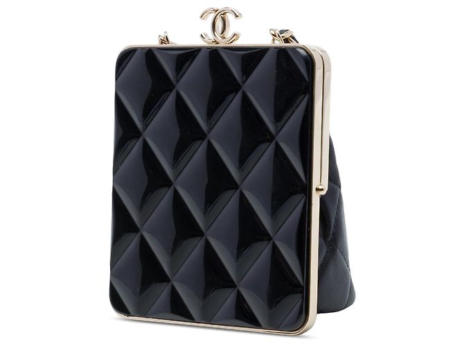 Clutch da sera Chanel CC trapuntata in acrilico e agnello nero con borsa a tracolla con catena - vista 2