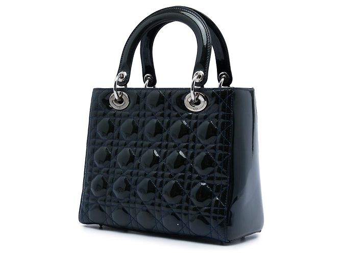 Borsa Lady Dior Medium in vernice cannage blu - vista 2