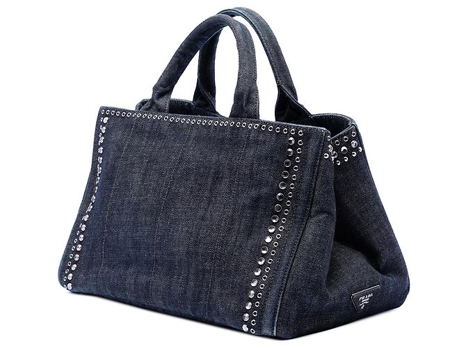 Tote Borsa Prada Studded Denim Canapa Logo Grigio - vista 2