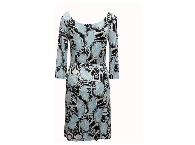 Hellblaues & mehrfarbiges Prada 2016 Vogelprint Kleid Größe IT 42 - Ansicht 4