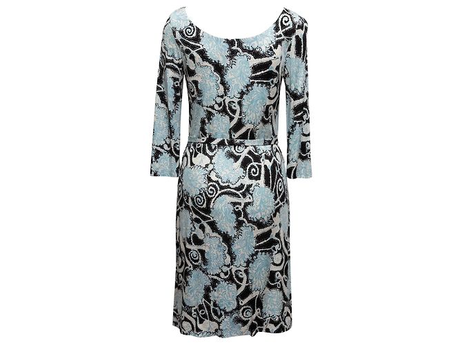 Hellblaues & mehrfarbiges Prada 2016 Vogelprint Kleid Größe IT 42 - Ansicht 5