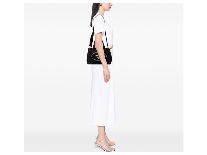 Tote Piccola borsa satchel in tela Canapa con logo nero Prada - vista 6
