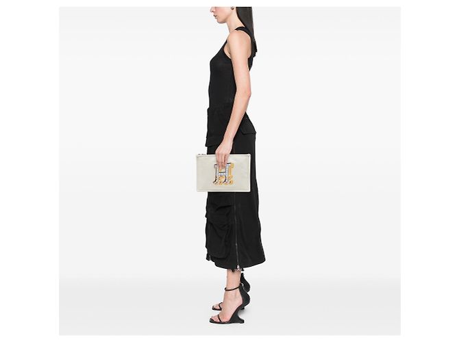 Custodia piatta Hermès H Canvas ricamata Beige Electrique - vista 7