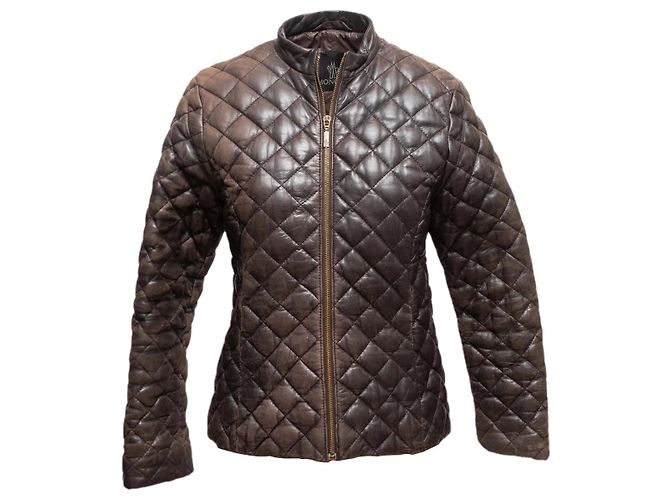 Braune Moncler Steppjacke aus Leder Designer Größe 1 - Ansicht 2