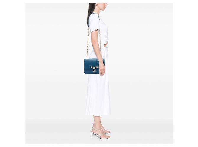 Chanel Large Quilted Sheepskin Front Chain Flap Umhängetasche Blau - Ansicht 7