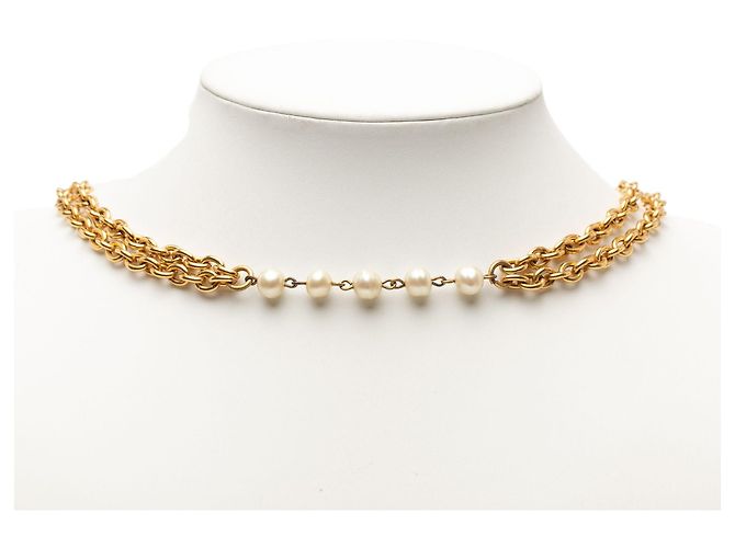 Collar de doble vuelta chapado en oro con perlas falsas Chanel CC Gold Dorado - vista 7