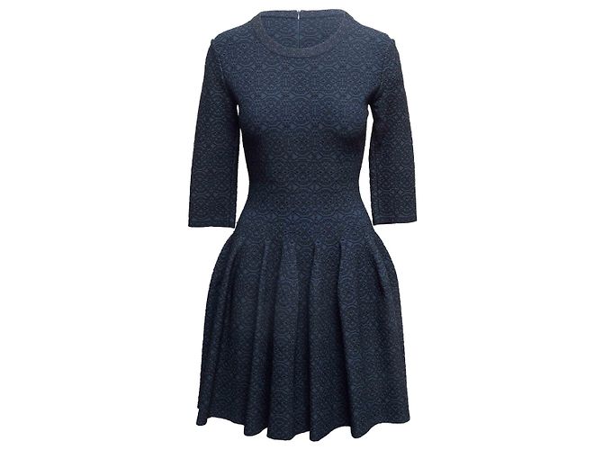Alaïa Navy & Black Alaia gemustertes Dreiviertelärmel Fit & Flare Kleid Größe FR 40 - Ansicht 2