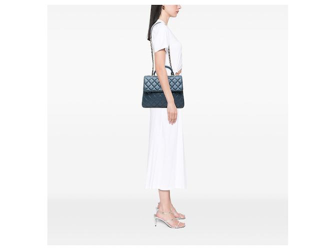 Borsa Chanel Large Lambskin Trendy CC Top Handle Flap Satchel Blu - vista 7