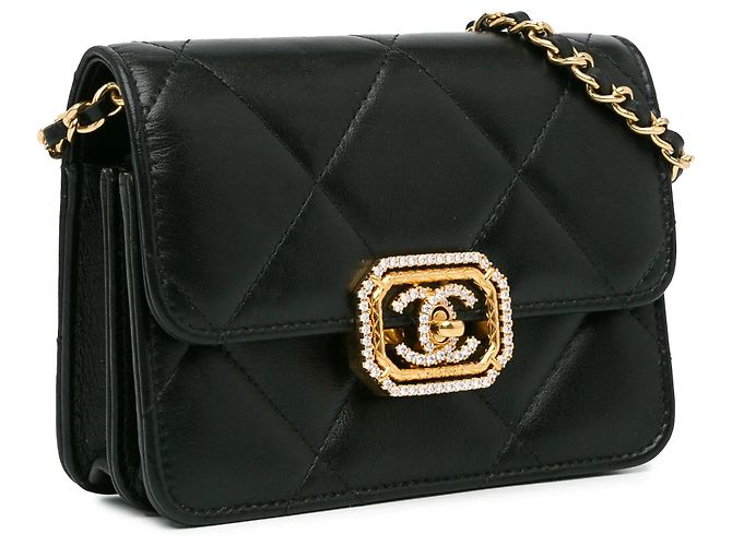 Clutch a tracolla Chanel in pelle di vitello trapuntata nera con strass e catena Nero - vista 2