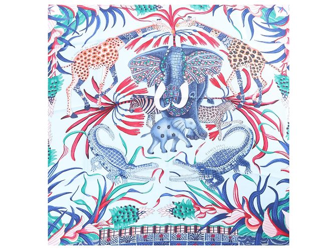Carré 90 Hermès "LA MARCHE Du ZAMBEZE" in seta blu - vista 4