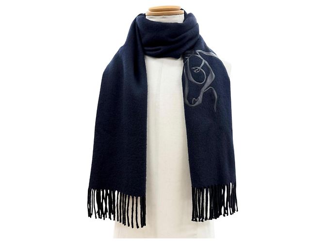 Hermès Stola HERMES Cheval au Tre in cashmere e pelle Nero Blu navy - vista 2