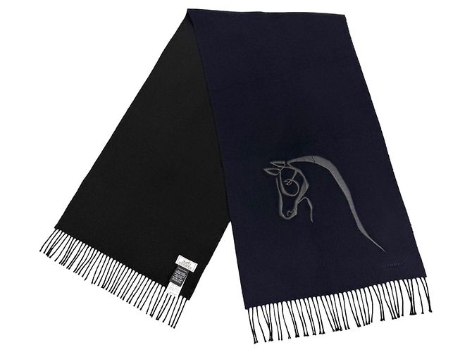 Hermès Stola HERMES Cheval au Tre in cashmere e pelle Nero Blu navy - vista 3
