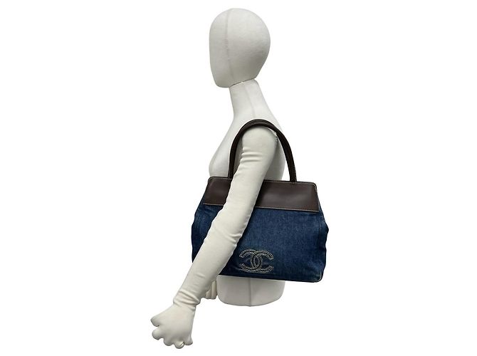 Borsa Tote Chanel Coco Mark Stitch in denim e pelle Marrone Blu - vista 2