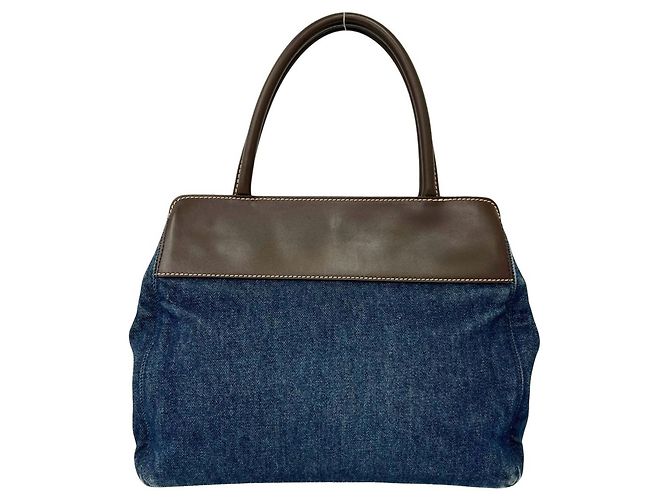 Borsa Tote Chanel Coco Mark Stitch in denim e pelle Marrone Blu - vista 3
