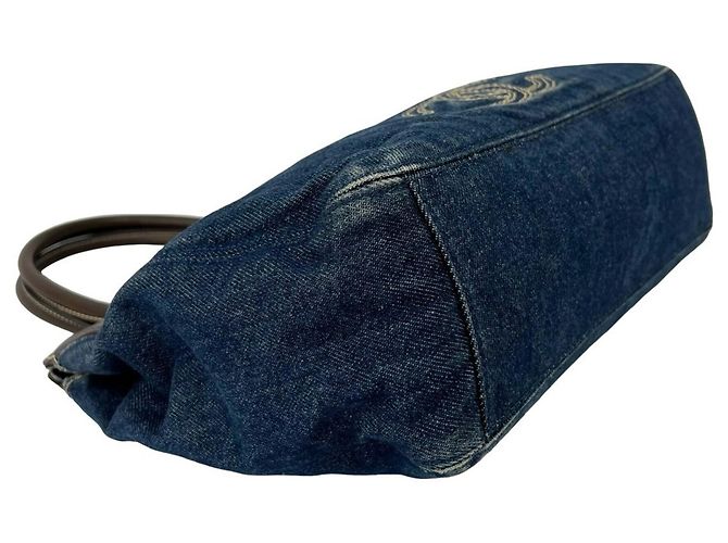 Borsa Tote Chanel Coco Mark Stitch in denim e pelle Marrone Blu - vista 7