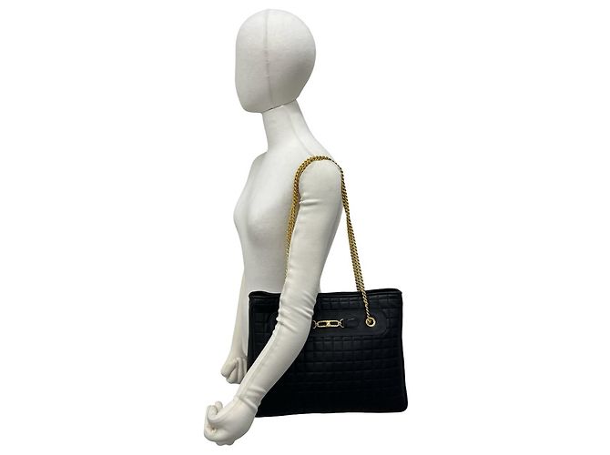 Céline CELINE Vintage Blazon Triomphe Leder-Schultertasche mit Kette Schwarz - Ansicht 2