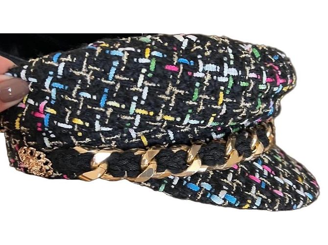 Autre Marque Edward Achour Paris Tweed-Cap mit Goldkette Schwarz Mehrfarben - Ansicht 2