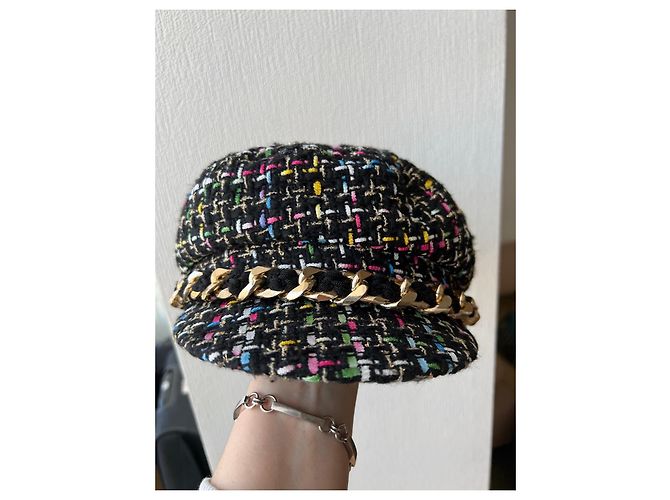 Autre Marque Edward Achour Paris Tweed-Cap mit Goldkette Schwarz Mehrfarben - Ansicht 4