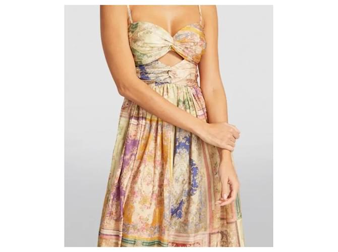 Zimmermann August Tie Front Seidenkleid Pink Mehrfarben Beige Grün Lila Gelb - vue 2