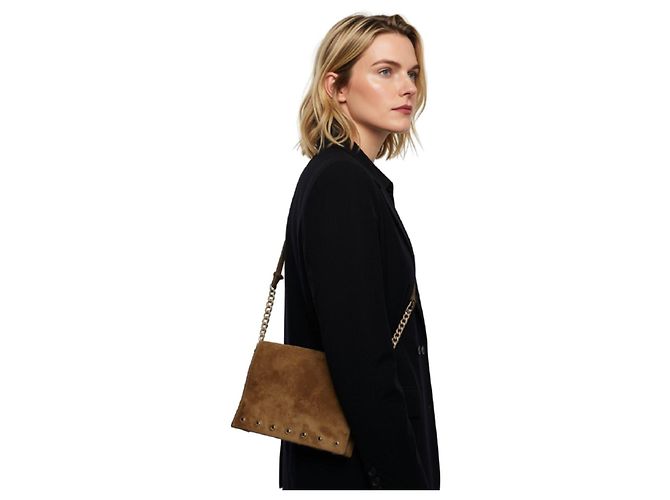 Longchamp Paris Borsa a tracolla in scamosciato con catena Marrone Cachi - vista 2