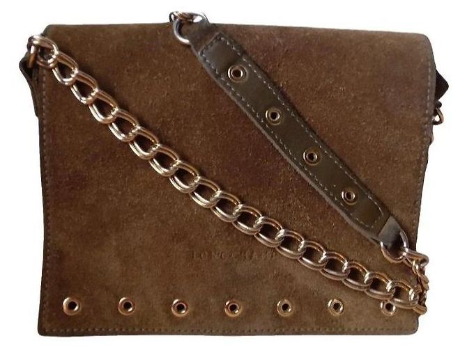 Longchamp Paris Borsa a tracolla in scamosciato con catena Marrone Cachi - vista 3