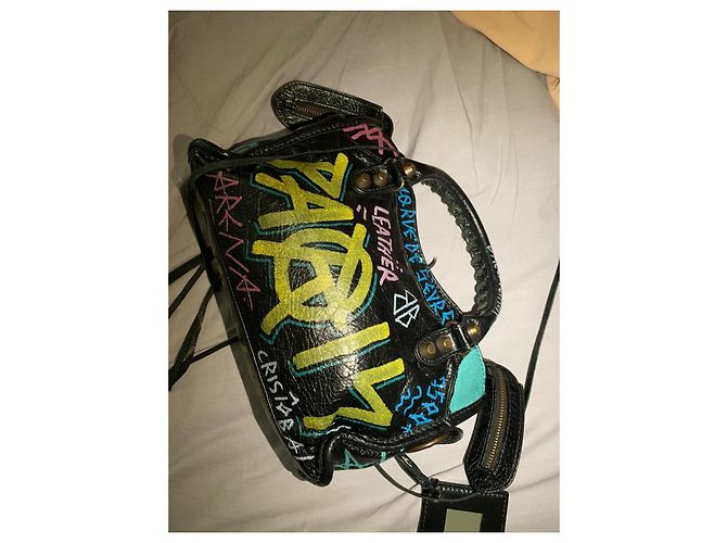 Borsa Balenciaga Neo Classic City Graffiti in pelle nera Nero Multicolore - vista 4