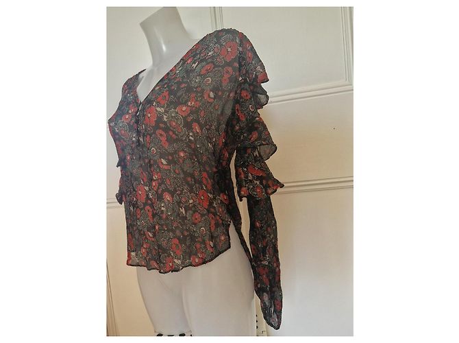 Veronica Beard Seidenbluse mit Blumenprint Cold-Shoulder Schwarz Rot Grün - Ansicht 2