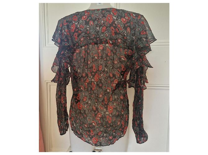 Veronica Beard Seidenbluse mit Blumenprint Cold-Shoulder Schwarz Rot Grün - Ansicht 3