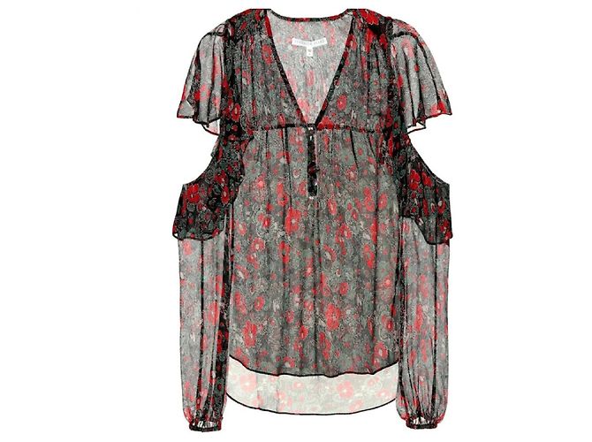 Veronica Beard Seidenbluse mit Blumenprint Cold-Shoulder Schwarz Rot Grün - Ansicht 6