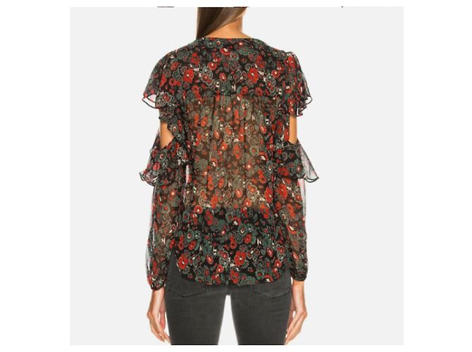 Veronica Beard Seidenbluse mit Blumenprint Cold-Shoulder Schwarz Rot Grün - Ansicht 7