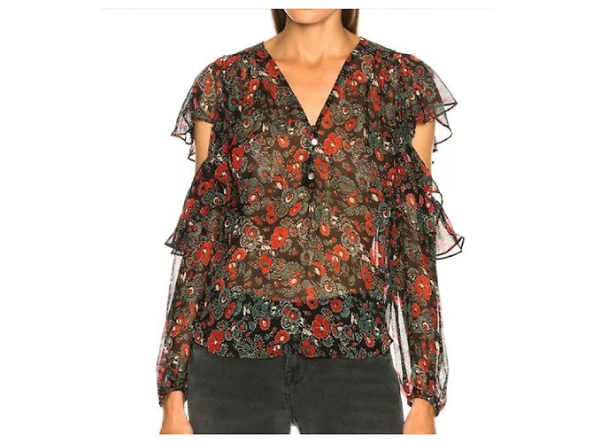 Veronica Beard Seidenbluse mit Blumenprint Cold-Shoulder Schwarz Rot Grün - Ansicht 8
