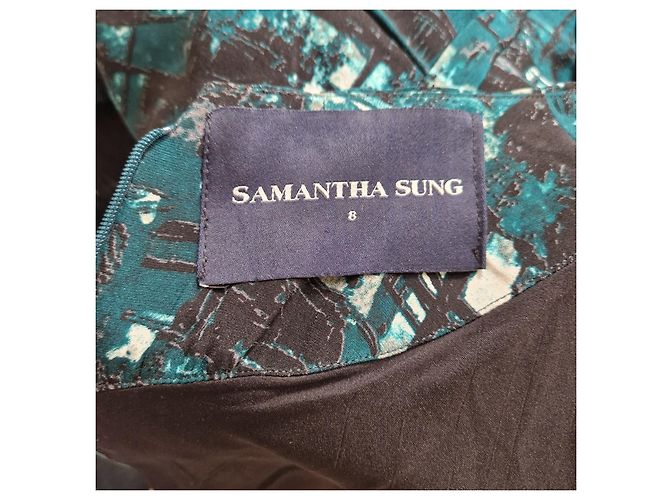 Autre Marque Vestido de seda Samantha Sung New York Estampado Abstracto Negro Blanco Gris Azul oscuro - vista 4