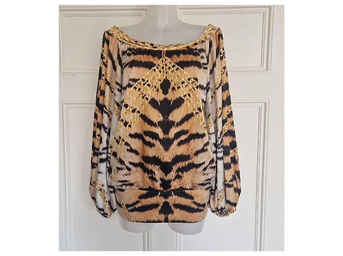 Blusa Just Cavalli de seda estampado tigre y cadena Castaño Blanco Dorado - vista 3