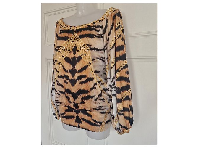 Blusa Just Cavalli de seda estampado tigre y cadena Castaño Blanco Dorado - vista 4