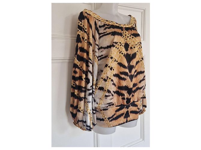 Blusa Just Cavalli de seda estampado tigre y cadena Castaño Blanco Dorado - vista 5