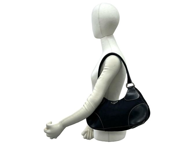 Tote Bolsa semi-ombro em nylon e couro com logo triângulo Prada Preto - vista 2