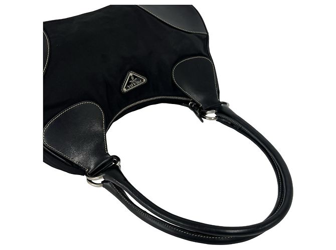 Tote Bolsa semi-ombro em nylon e couro com logo triângulo Prada Preto - vista 4